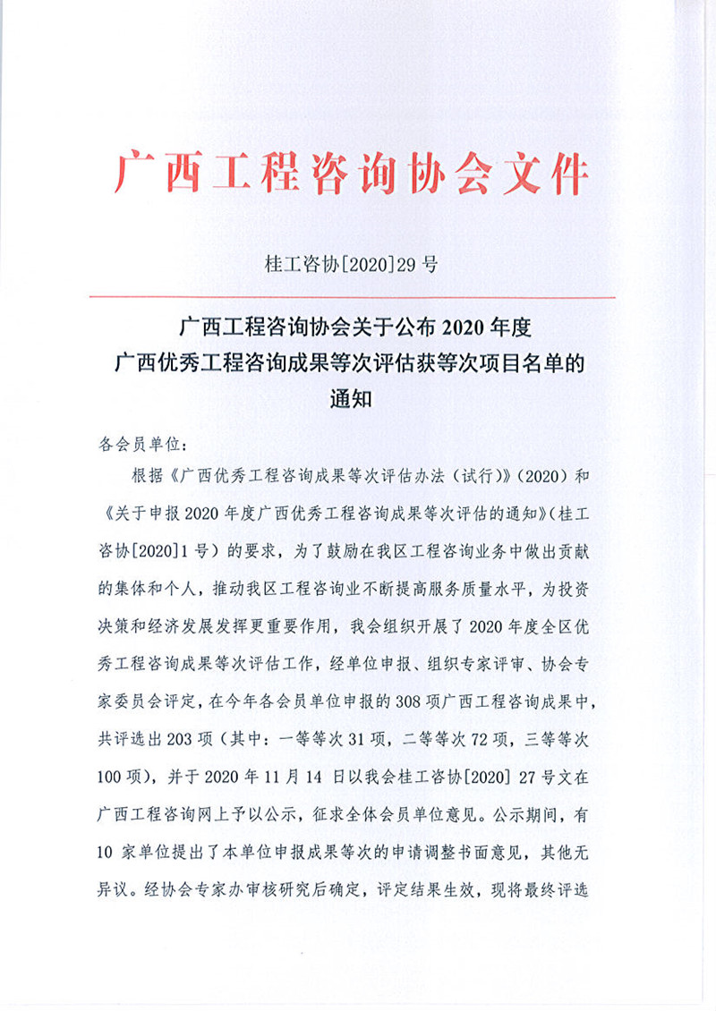 喜報！廣西工程咨詢集團有限公司6項成果榮獲廣西優(yōu)秀工程咨詢成果獎