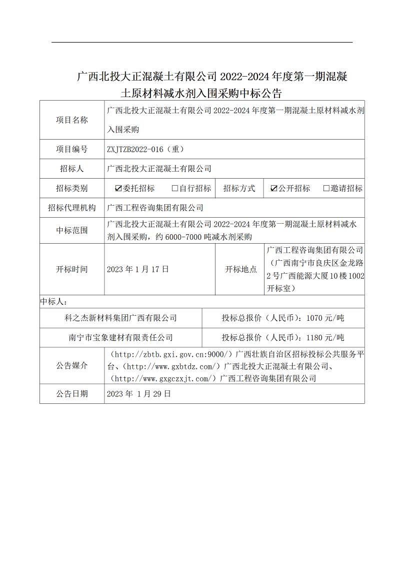 廣西北投大正混凝土有限公司2022-2024年度第一期混凝土原材料減水劑入圍采購中標(biāo)公告