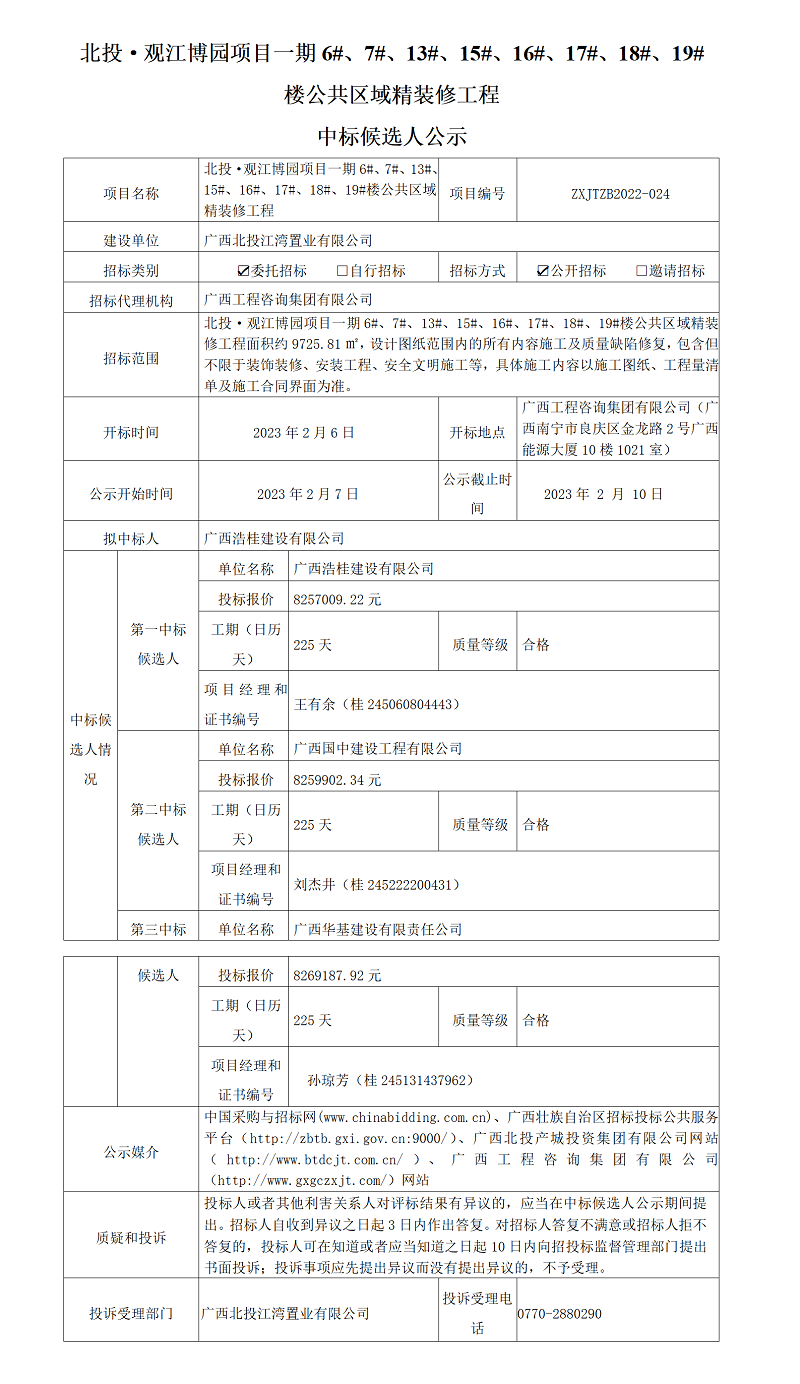 北投·觀江博園項目一期6#、7#、13#、15#、16#、17#、18#、19#樓公共區(qū)域精裝修工程中標(biāo)候選人公示