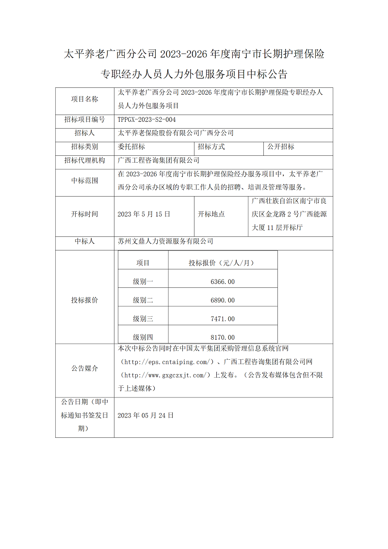 太平養(yǎng)老廣西分公司2023-2026年度南寧市長期護理保險專職經(jīng)辦人員人力外包服務項目中標公告