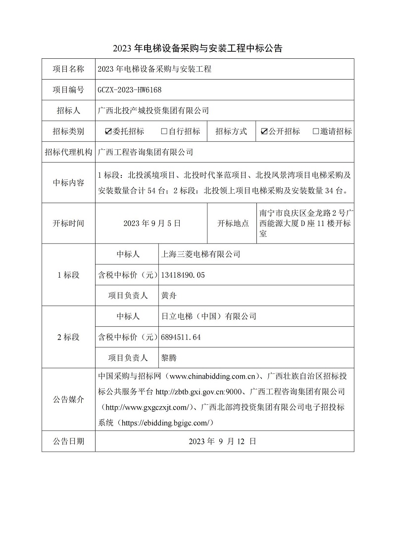 2023 年電梯設(shè)備采購(gòu)與安裝工程中標(biāo)公告