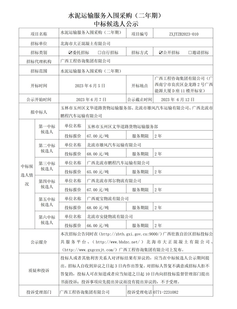 水泥運(yùn)輸服務(wù)入圍采購(gòu)（二年期） 中標(biāo)候選人公示